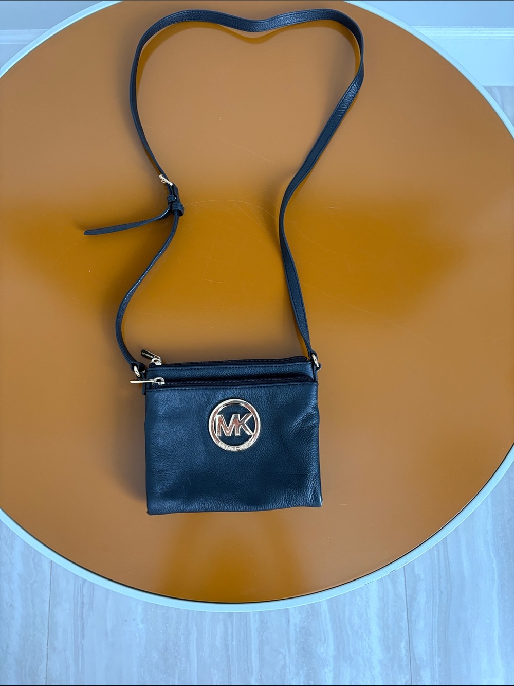 Michael Kors Black Leather Crossbody with Gold MK Emblem